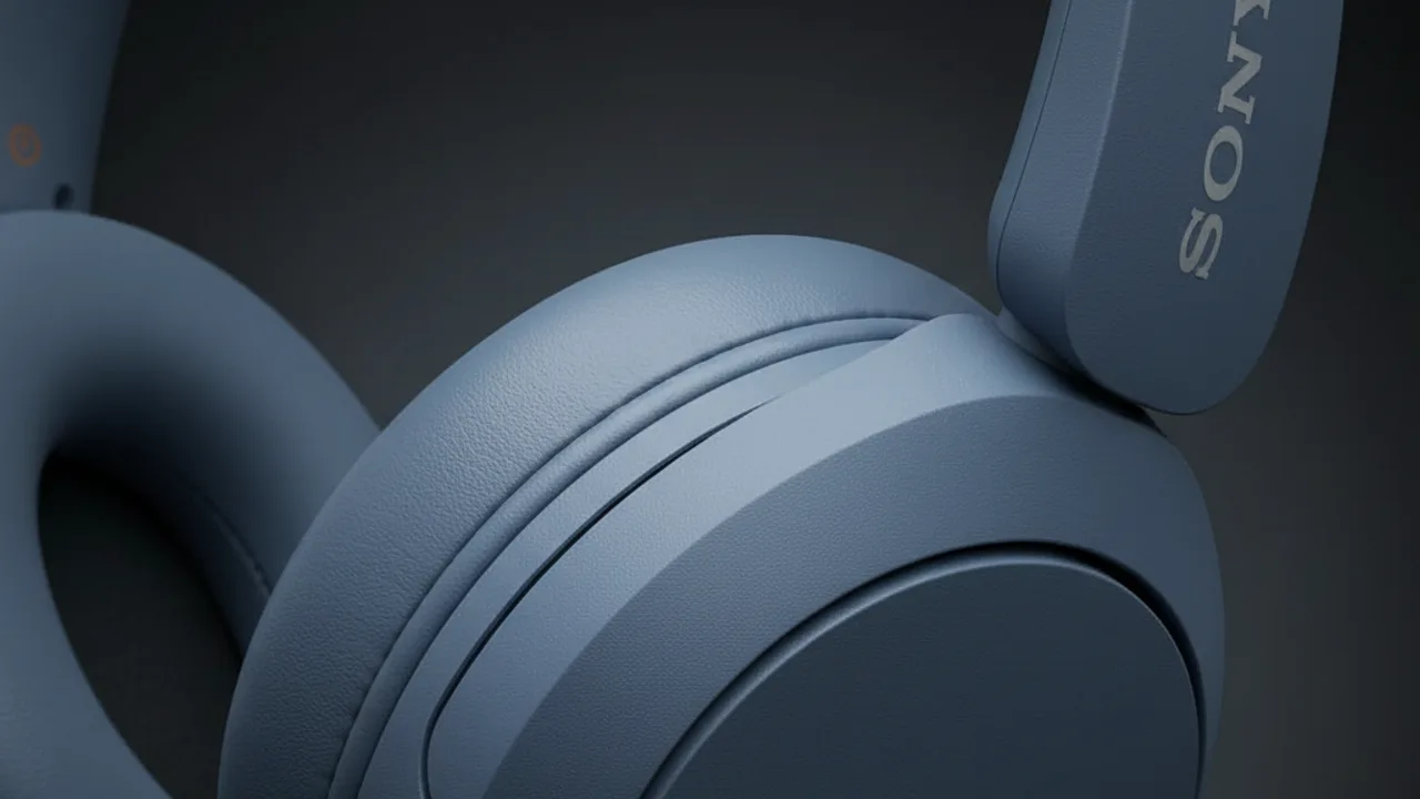 AI-generated macro detail of blue wireless on-ear headphones