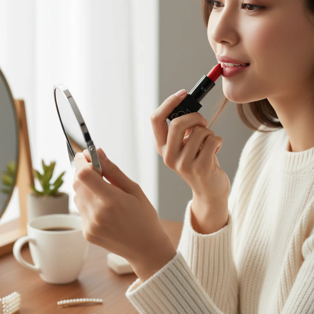 AI-generated lifestyle scene featuring a red lipstick