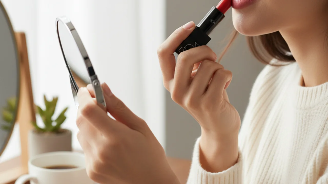 AI-generated lifestyle scene featuring a red lipstick