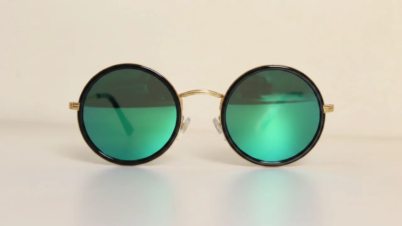AI-generated hero shot of round mirrored sunglasses